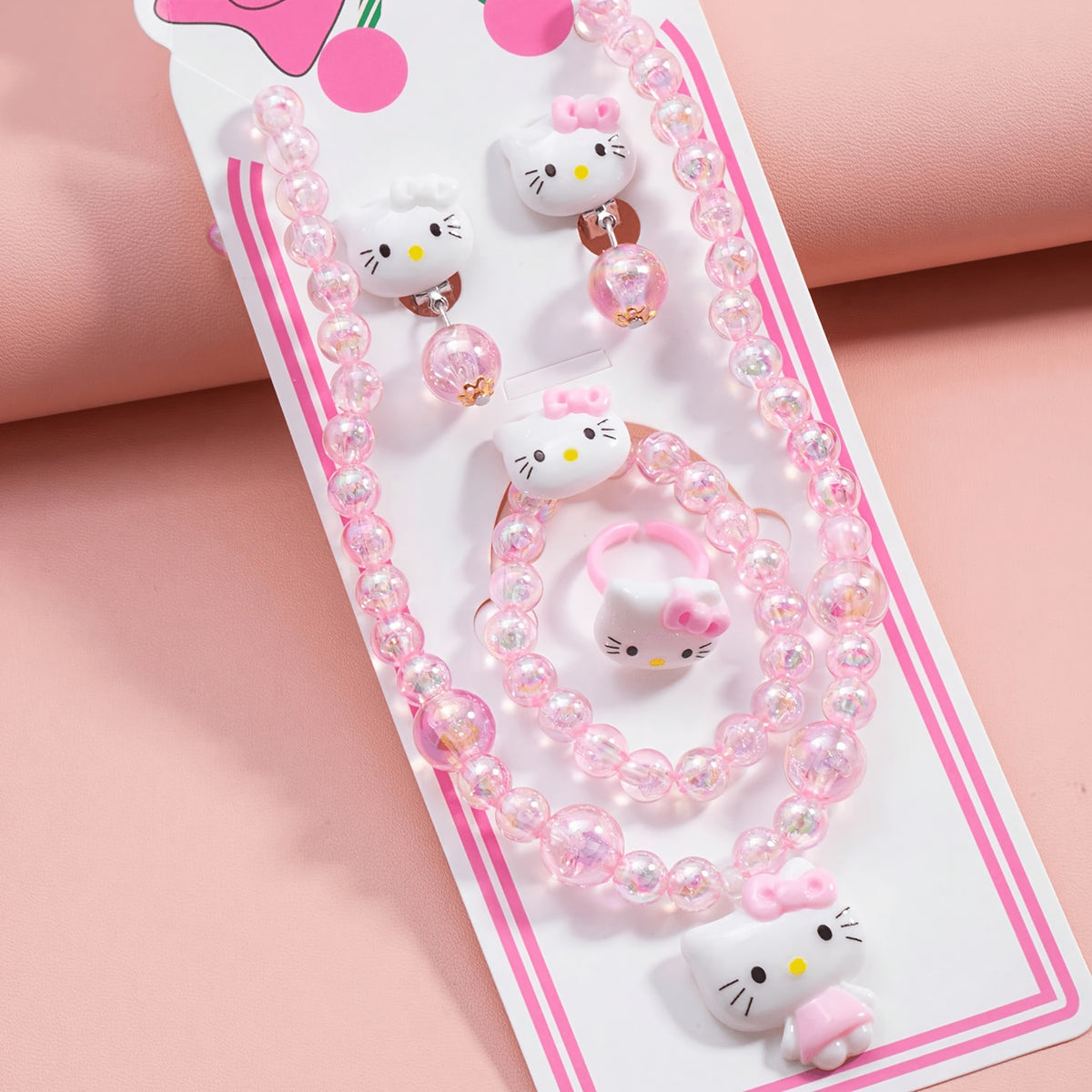 Conjunto de Joyería Infantil de 5 Piezas: Collar, Pulsera, Anillo y Aretes con Dije de Gato y Cuentas Acrílicas Rosas (Estilo Kawaii)