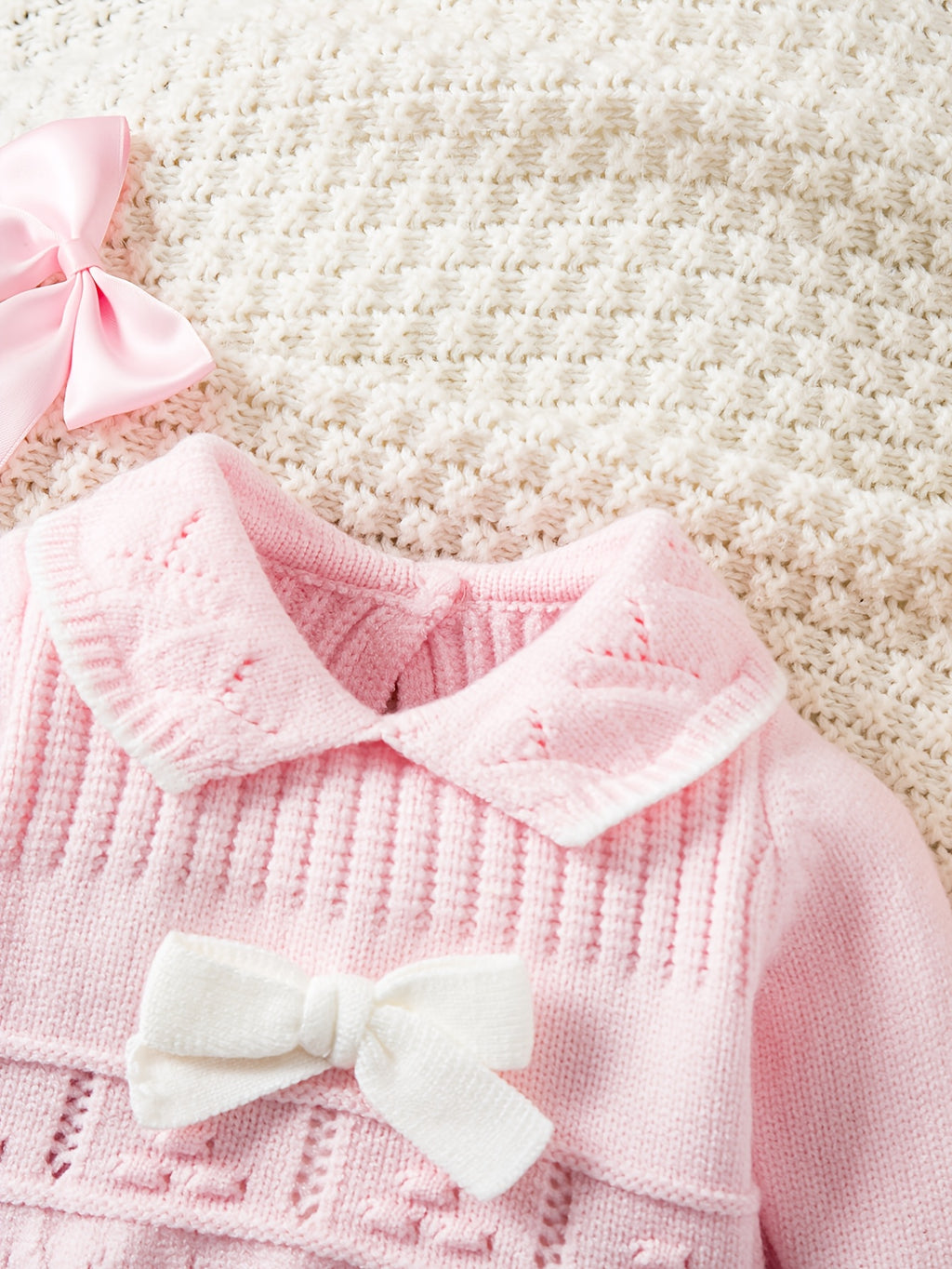 Conjunto de Ropa Tejida de Manga Larga con Lazo para Bebé Niña (Suéter con Cuello y Pantalón con Pies en Color Rosa, Estilo Elegante para Primavera) (1M - 9M)