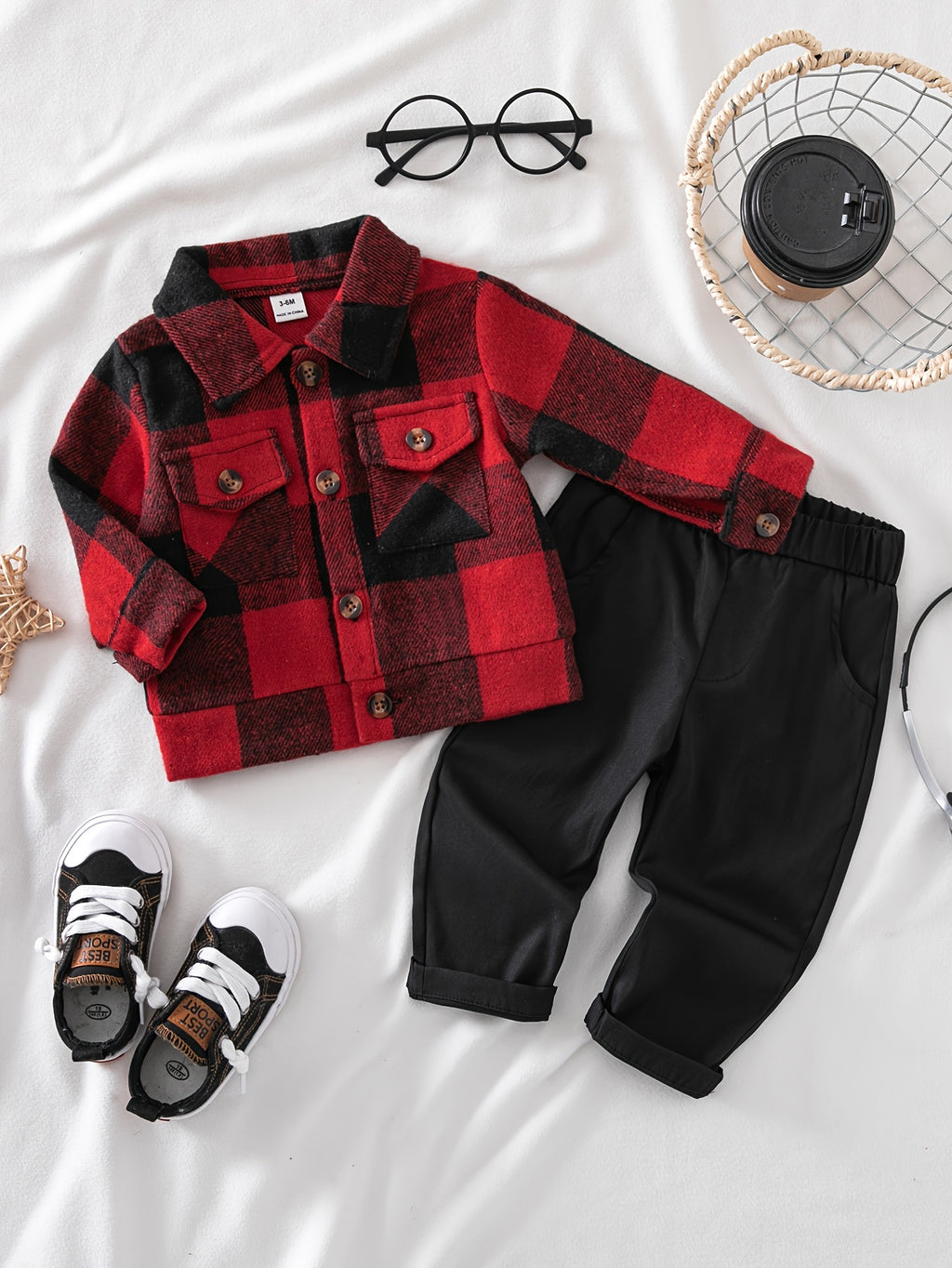 Conjunto de 2 Piezas "Red Lumberjack" para Niño – Chaqueta de Cuadros Rojos y Negros con Pantalón Casual (Primavera/Otoño (3M - 3Y)