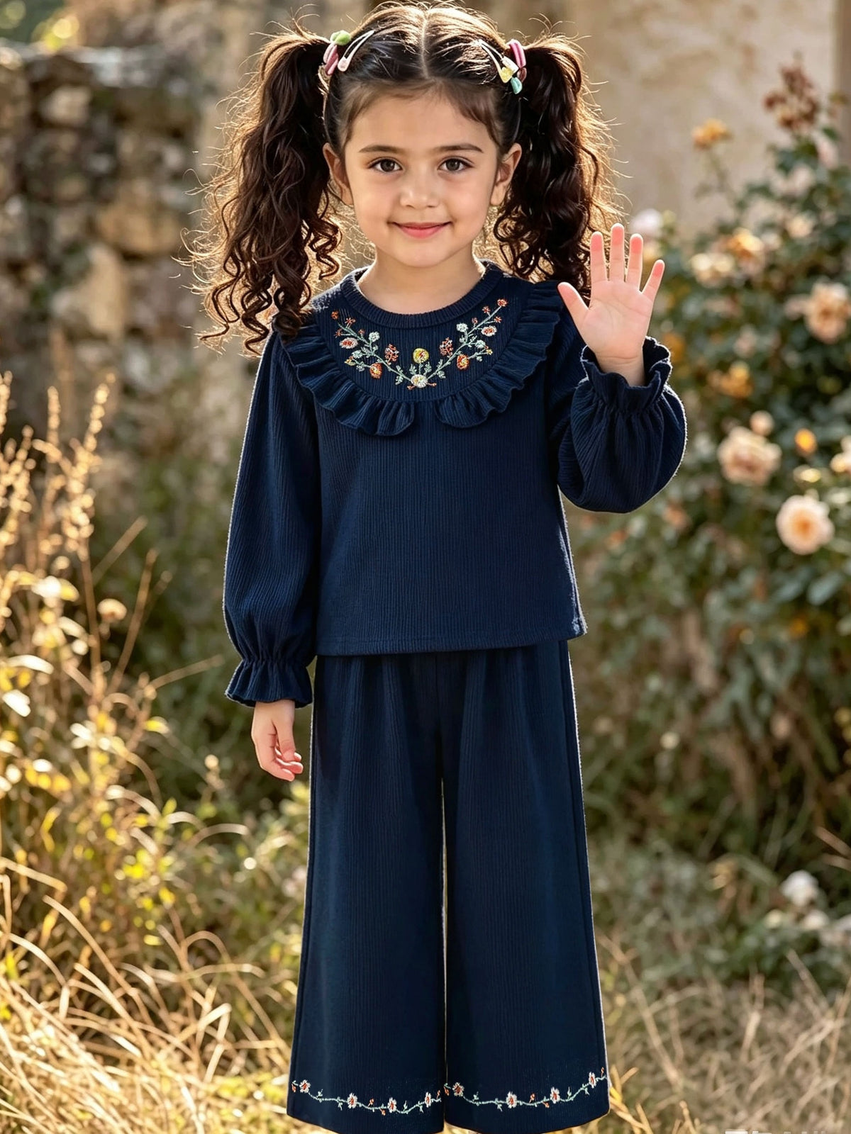 Conjunto de 2 Piezas para Niña: Top Azul Marino de Manga Larga con Volantes y Bordado Floral Retro y Pantalón Largo a Juego (4 - 7Y)