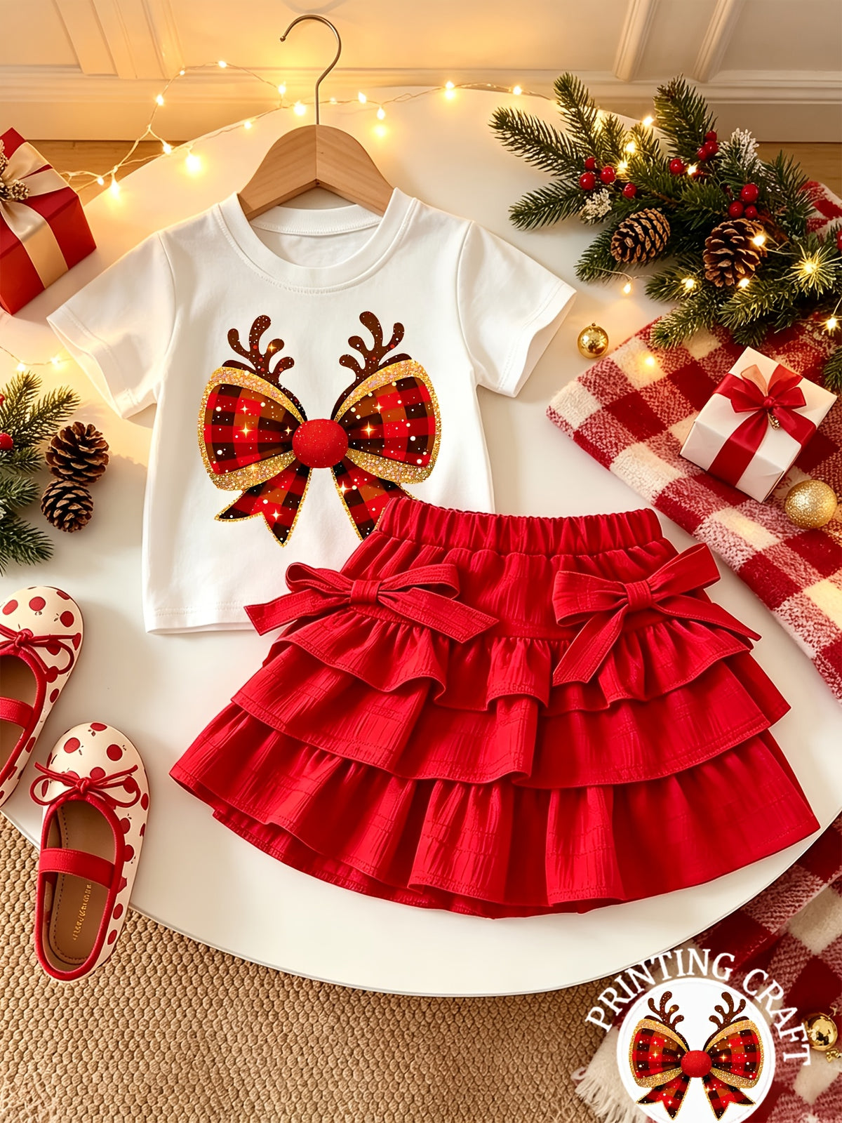 Conjunto Navideño de 2 Piezas para Niña: Blusa Blanca de Manga Corta con Estampado de Astas y Falda Estilo Pastel Roja con Volantes (1T - 8T)