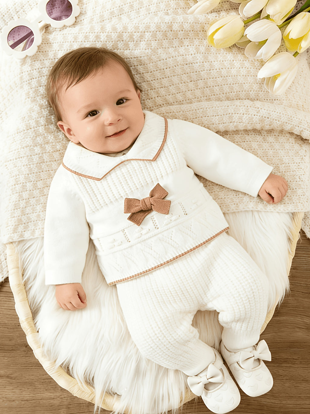 Conjunto de Ropa Tejida de Manga Larga con Lazo para Bebé en Color Blanco y Marrón (Suéter con Cuello y Pantalón con Pies, Estilo Elegante para Primavera) (1M - 9M)