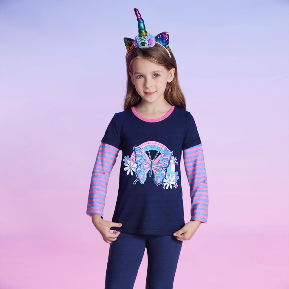 Top de Manga Larga con Mariposa y Arcoíris para Niñas – Azul Marino a Rayas Rosa y Azul, Algodón (2-12 Años)