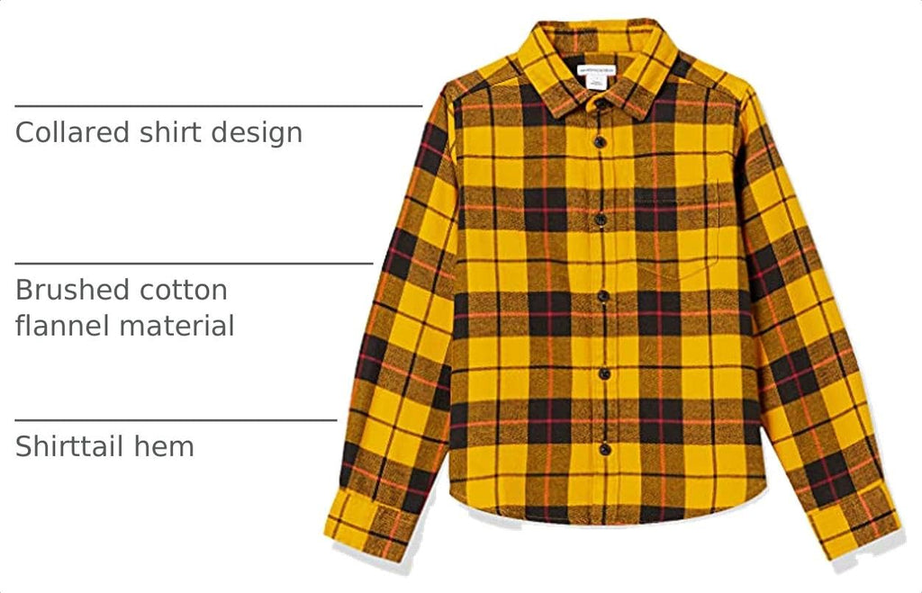 Amazon Essentials Camisa Franela Niño | Cuadros Amarillo/Negro/Rojo • Manga Larga • 100% Algodón