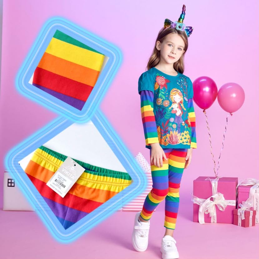 Conjunto 2 Piezas Top y Leggings con Niña en Jardín para Niñas – Azul Verdoso con Rayas Arcoíris, Algodón (Solo 3T)