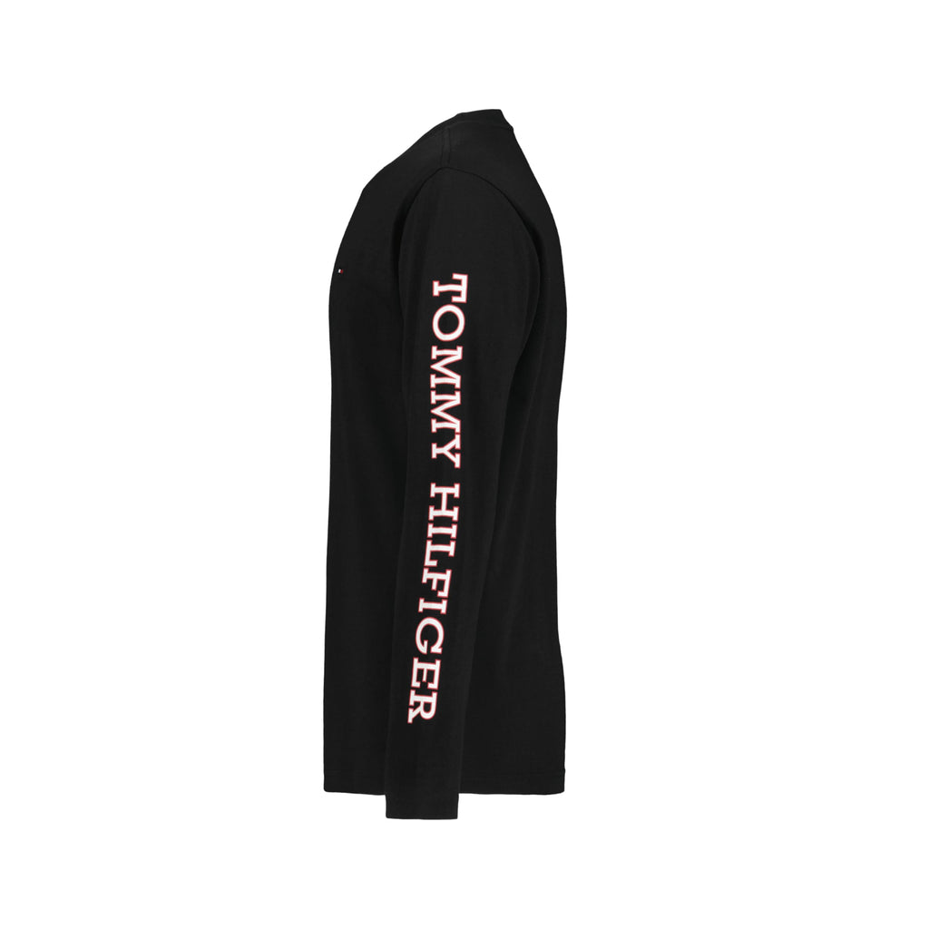 Tommy Hilfiger | Camiseta Niño Manga Larga Logo Bandera Bordado Texto Vertical Manga 100% Algodón Negro (8-16T)