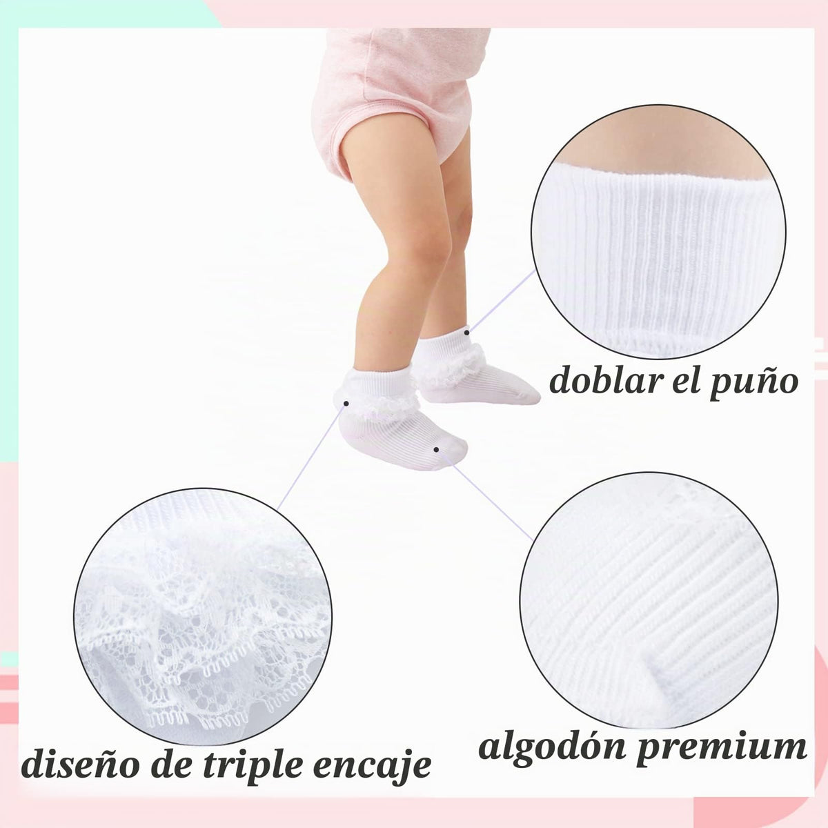 hakugoo | Calcetines Bebé Niña Pack 3 Triple Encaje Volantes Puño Vuelto Blanco Rosa Crema