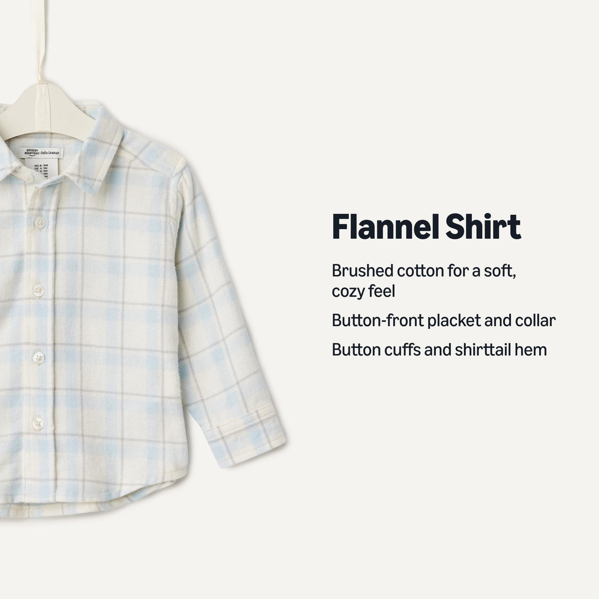 Amazon Essentials x Sofia Grainge Camisa Franela Niño | Cuadros Azul Cielo/Crema • Suave • 100% Algodón
