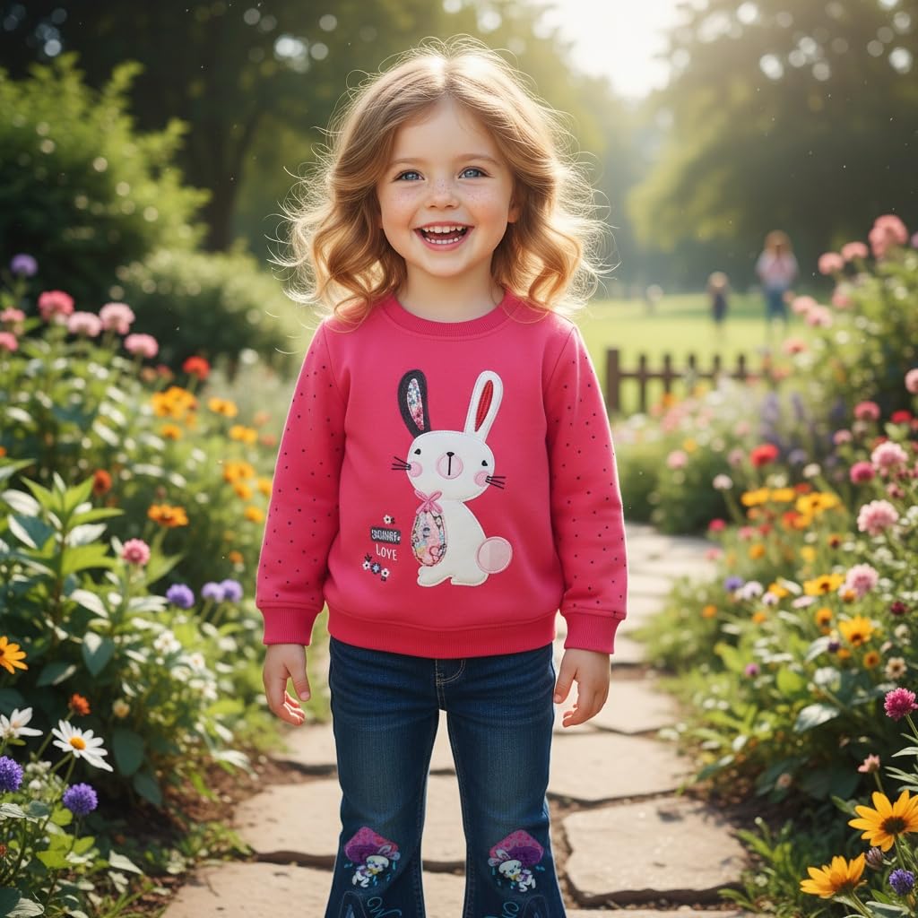 Conjunto 2 Piezas para Niña: Sudadera Coral Bunny Love con Lunares y Jeans Campana con Conejito bajo Seta Bordado