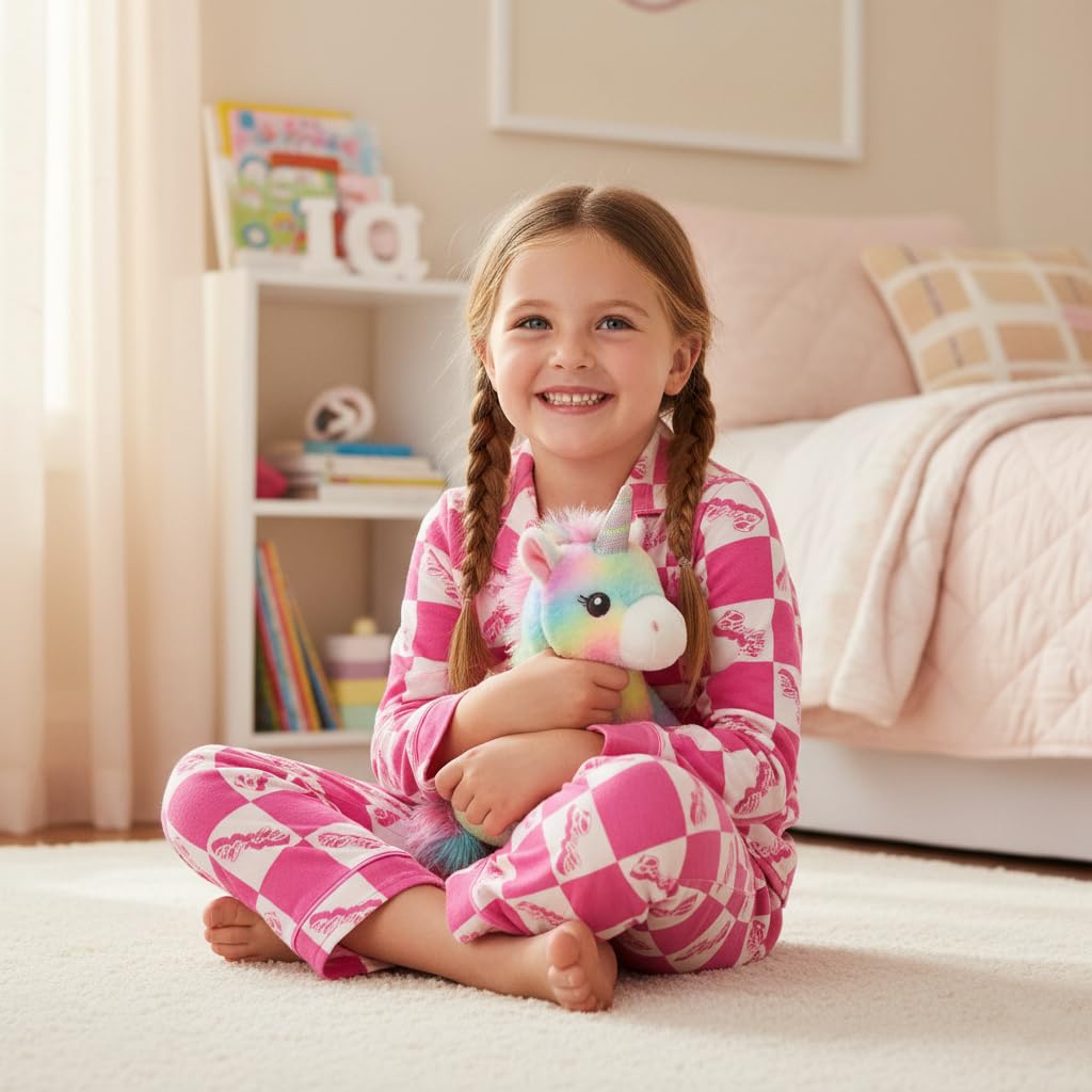 Pijama 2 Piezas Barbie Oficial | Estilo Abrigo Botones + Tablero Ajedrez Fucsia + Logo Cursiva All-Over | Niña Rosa (4T - 10T)