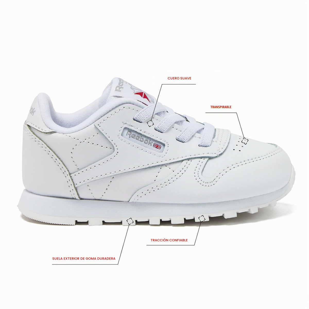 Reebok  -Tenis Casuales de Piel Reebok Classic Leather con Cordones para Niños (Blanco/Blanco) (Talla 20 - 26)