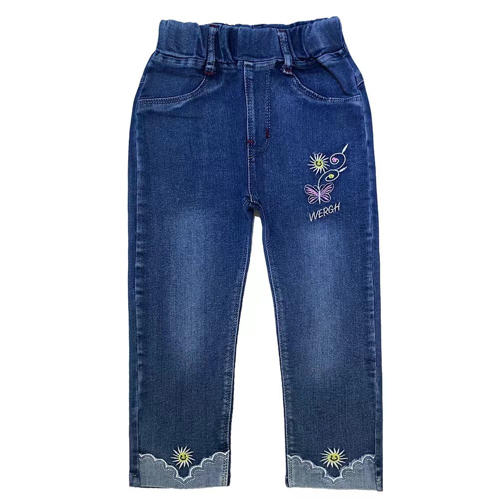 Conjunto 2 Piezas para Niña: Suéter Turquesa con Mariposa y Lentejuelas y Jeans con Ruedo Festoneado