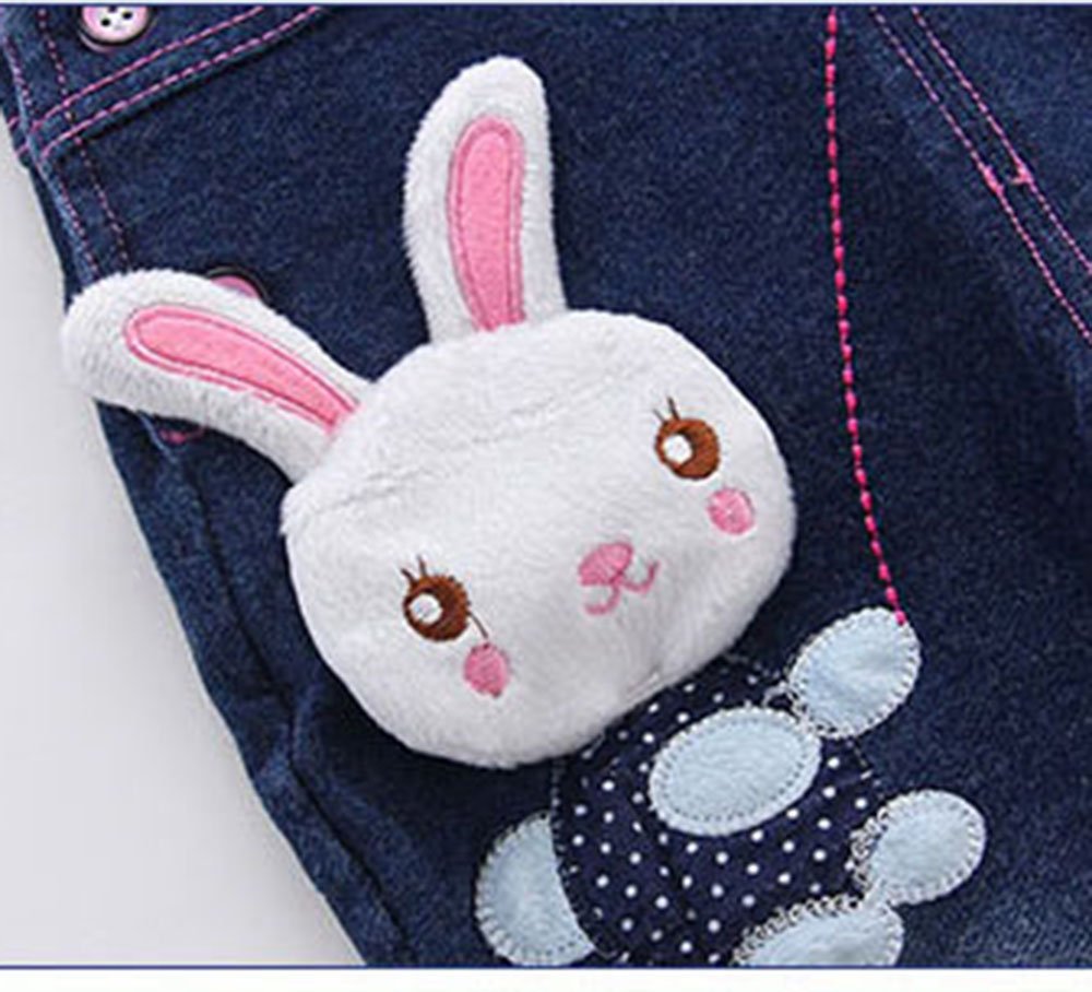 Overol Peto de Mezclilla | Conejito 3D + Mariposa Rosa + Cuadriculado Lila | Denim Navy | Niña/Bebé (3M-4A)
