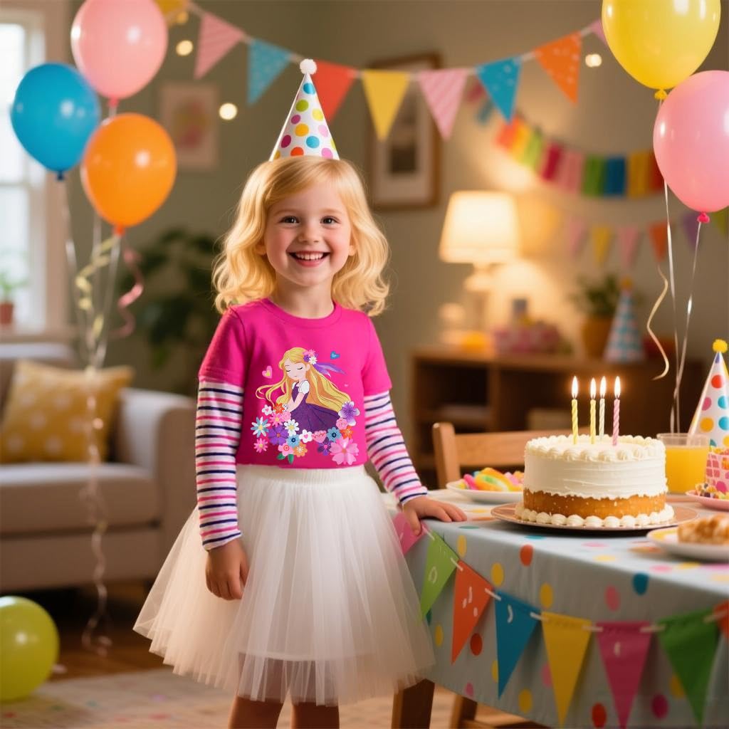 Top de Manga Larga con Princesa Floral para Niñas – Rosa Fucsia a Rayas, Algodón  (2-10 Años )