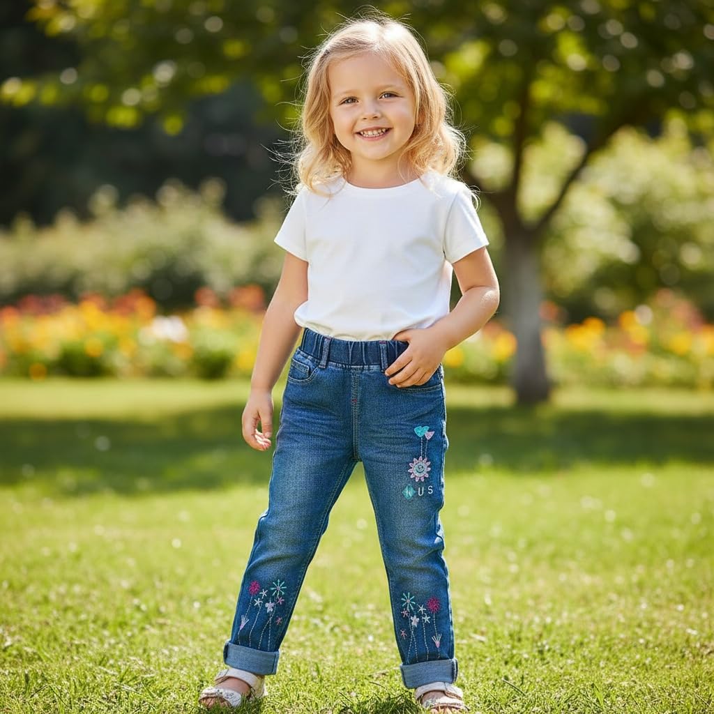 Conjunto 2 Piezas para Niña: Suéter Blanco con Flores 3D Multicolor y Jeans con Girasol y Flores Bordadas