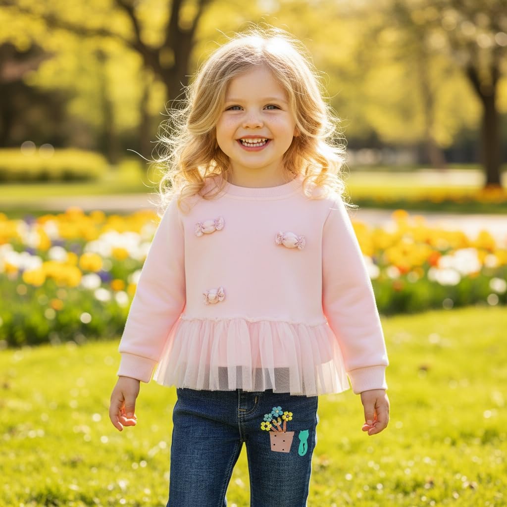 Conjunto 2 Piezas para Niña: Sudadera Rosa con Lazos 3D y Tul Peplum y Jeans Campana con Maceta Bordada