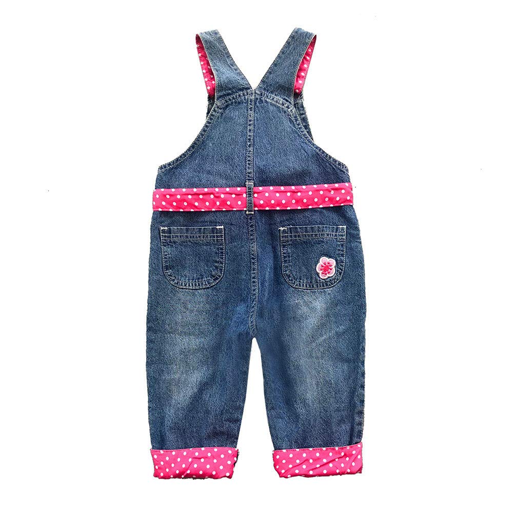 Overol Peto de Mezclilla Peacolate | Bordado Floral + Lazo Rosa Lunares | Denim | Niña/Bebé (3M-3A)