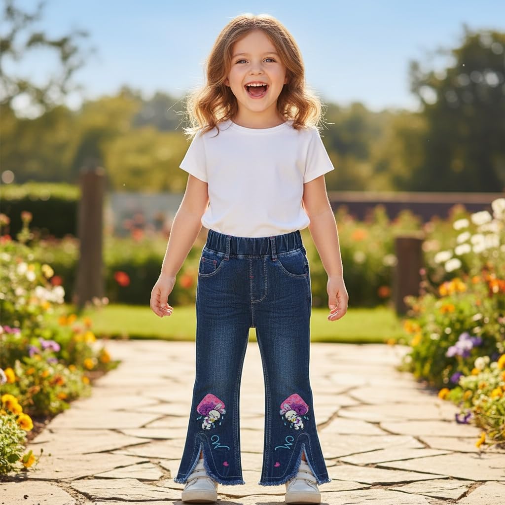 Jean Acampanado para Niña con Conejito y Hongos Bordados