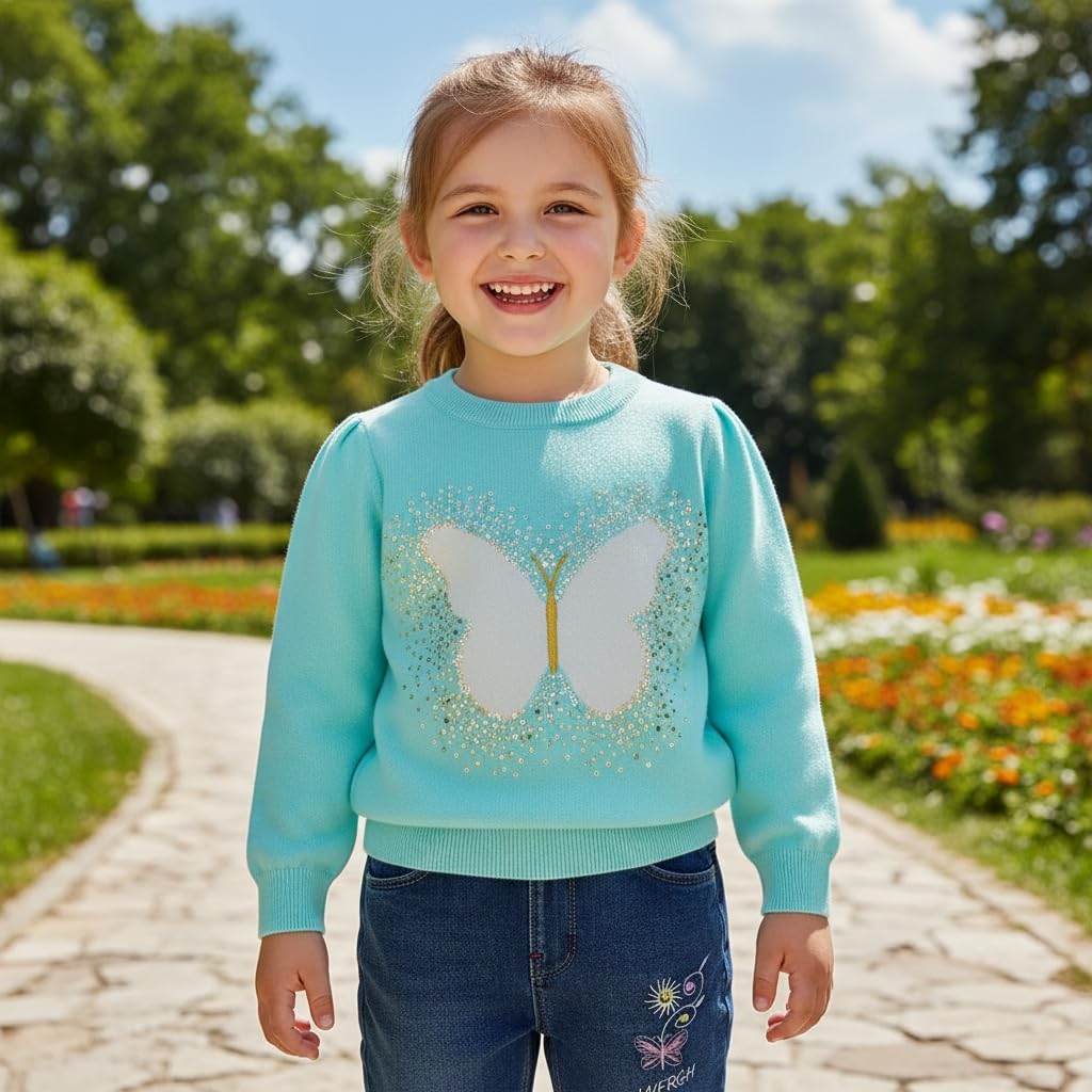 Conjunto 2 Piezas para Niña: Suéter Turquesa con Mariposa y Lentejuelas y Jeans con Ruedo Festoneado