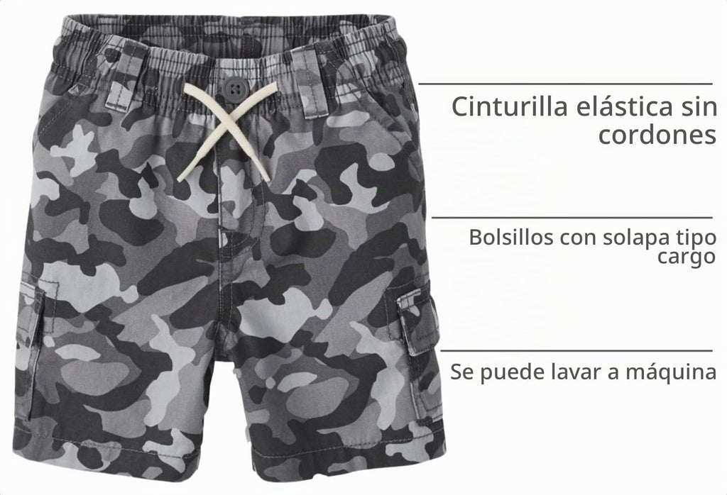 The Children's Place Short Cargo Camuflaje Gris Bebé/Niño | Lona Algodón • Cintura Elástica • Bolsillos Cargo