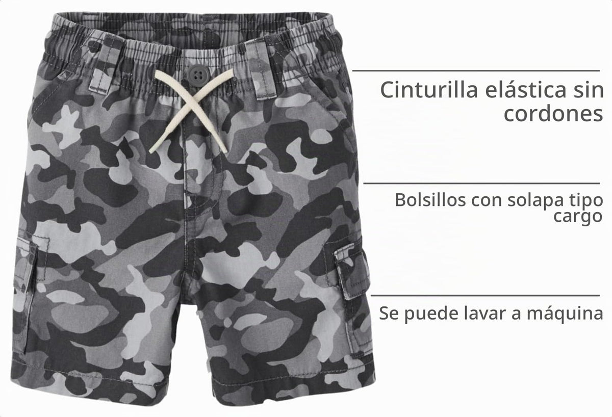 The Children's Place Short Cargo Camuflaje Gris Bebé/Niño | Lona Algodón • Cintura Elástica • Bolsillos Cargo