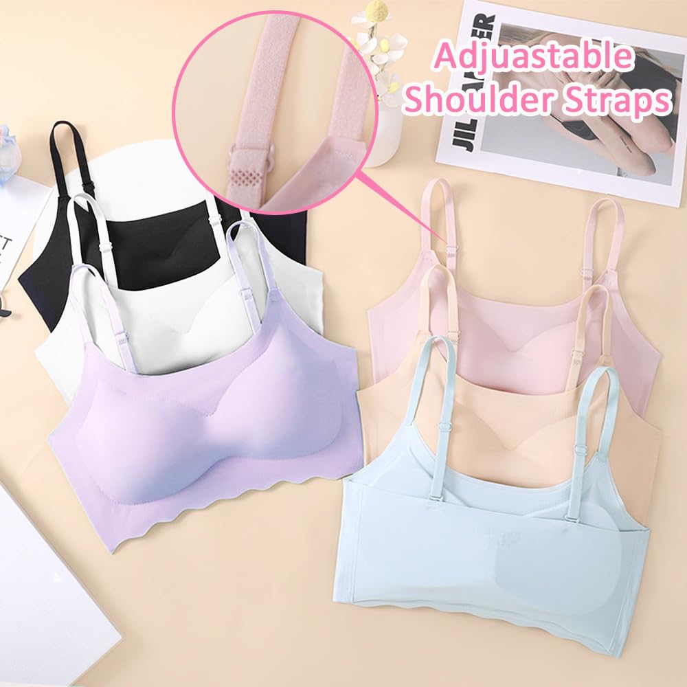 Brasier Entrenamiento Nina Adolescente Pack 3 | 75% Poliamida 25% Elastano | Sin Costuras | Copa Moldeada | Correas Espagueti Ajustables | Relleno Extraible | Celeste + Lavanda + Rosa Nude (12 - 17T)