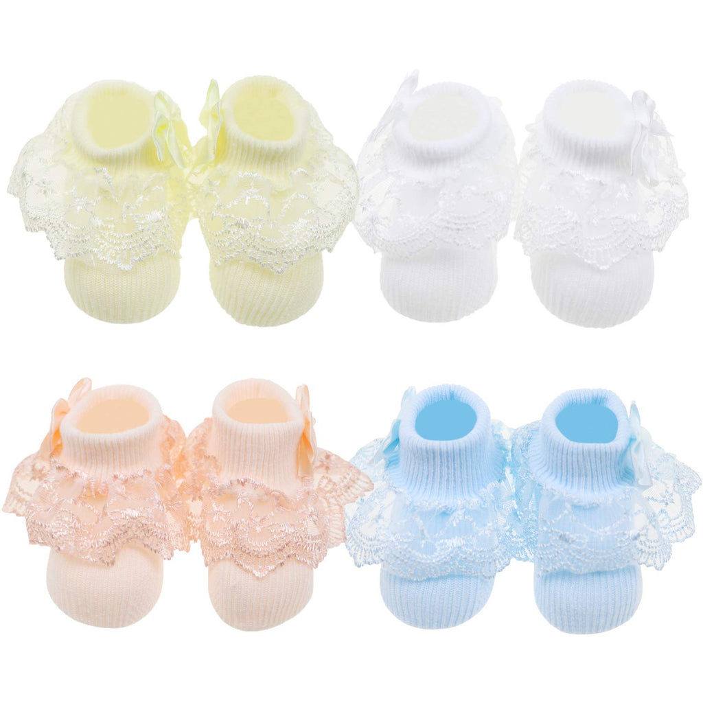 Calcetines Bebé Niña Pack 4 Algodón Canalé Encaje Volante Lazo Satín Azul Melocotón Crema Blanco Pastel