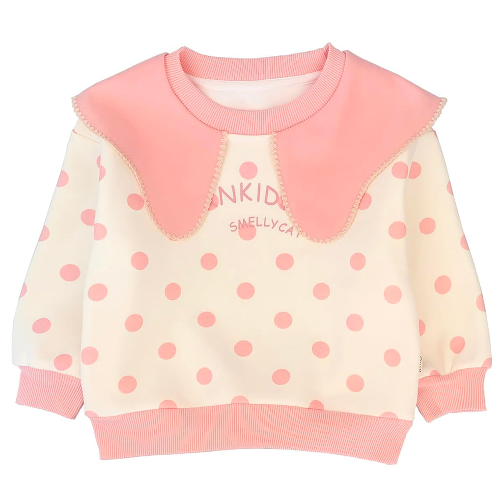 Conjunto 2 Piezas para Niña: Sudadera Lunares Rosa con Cuello Peter Pan y Jeans con Mariposas Bordadas