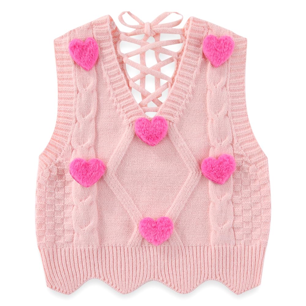Conjunto 3 Piezas para Niña: Blusa Encaje + Chaleco Rosa Corazones Pompón Fuchsia + Jeans Flare con Encaje