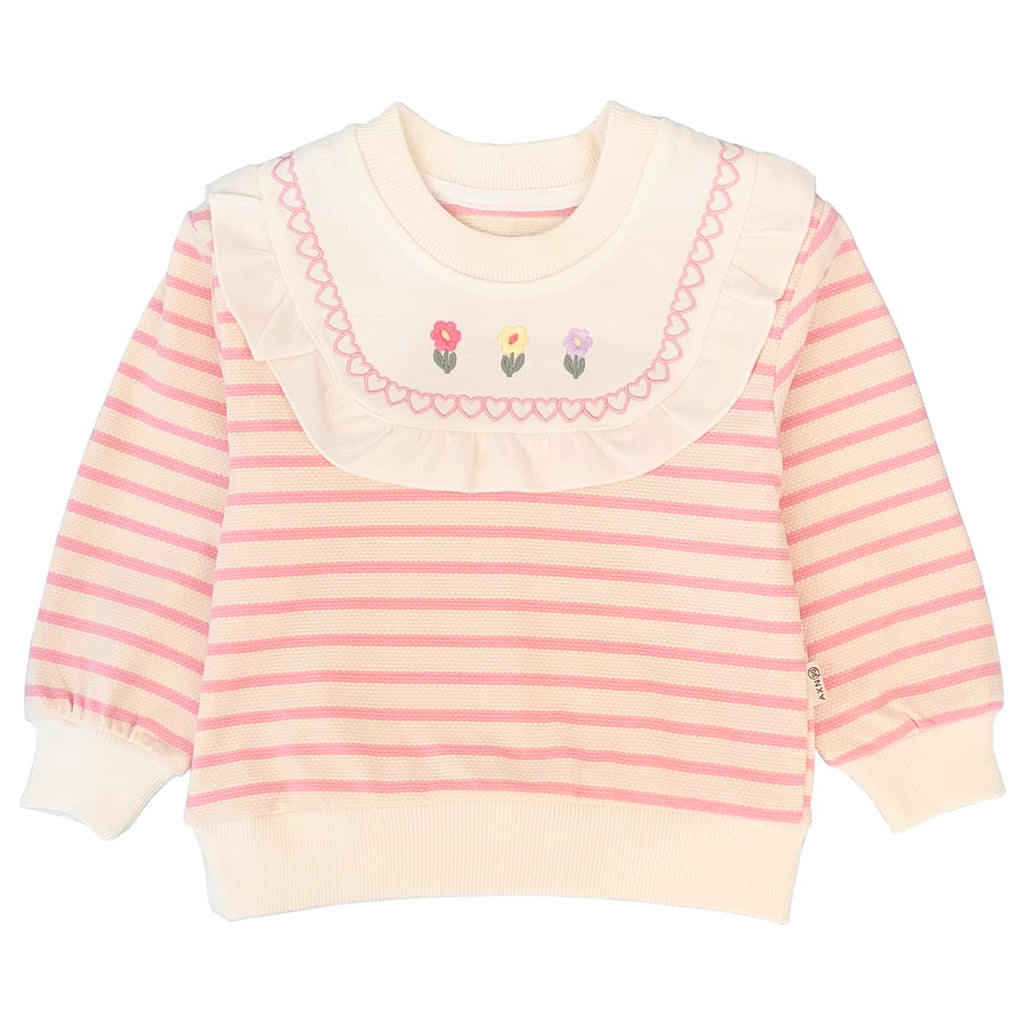 Conjunto 2 Piezas para Niña: Sudadera Rayas Rosa con Babero Decorativo Encaje y Flores Bordadas y Jeans con Conejita y Flores