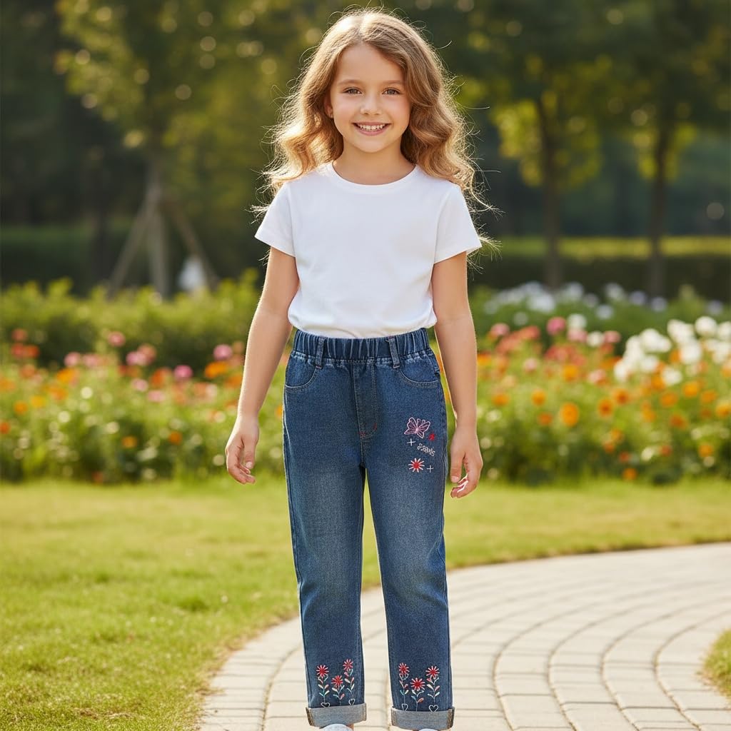 Jean Recto para Niña con Girasoles Bordados y Mariposa