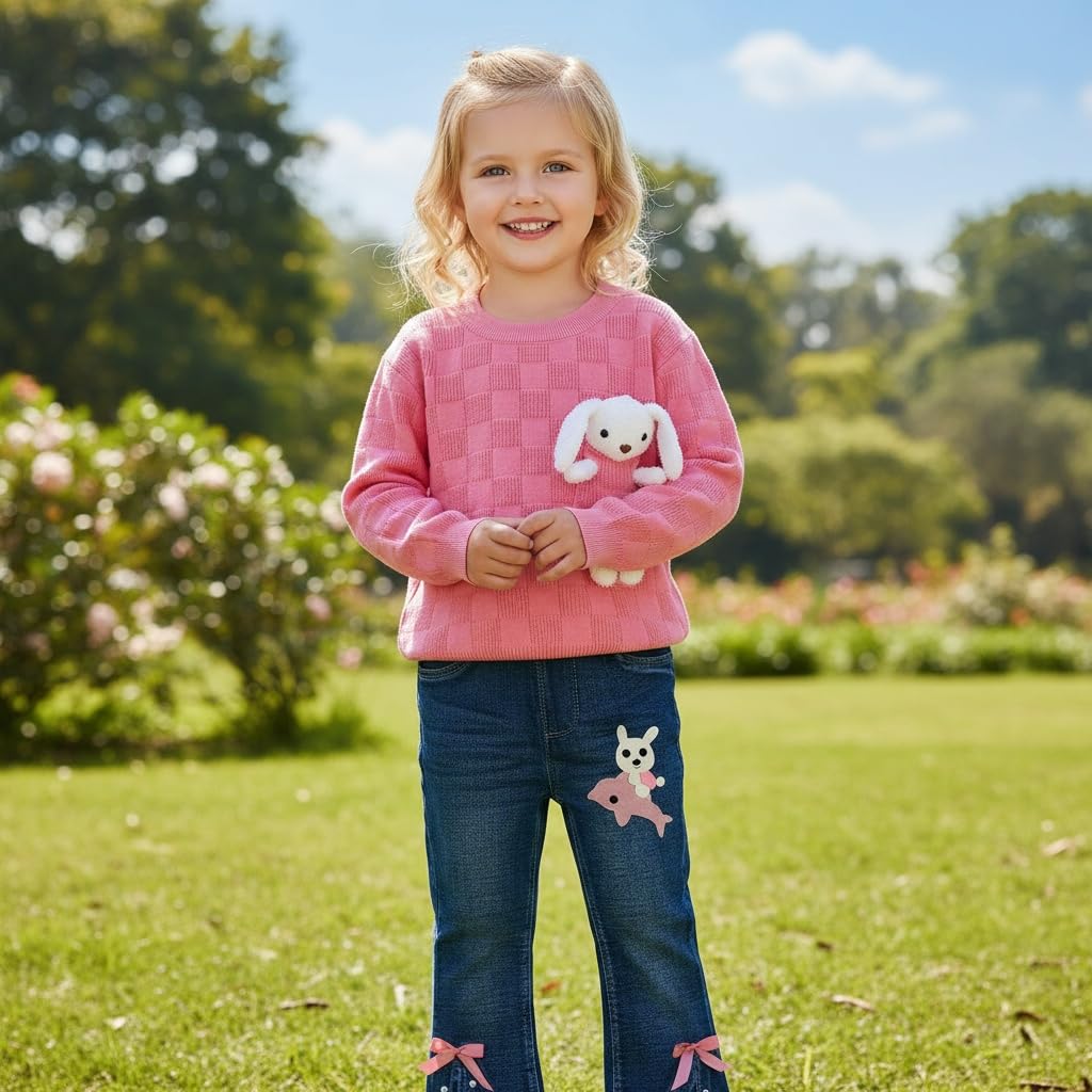 Conjunto 2 Piezas para Niña: Suéter con Conejito 3D y Jean Acampanado con Lazos y Perlas