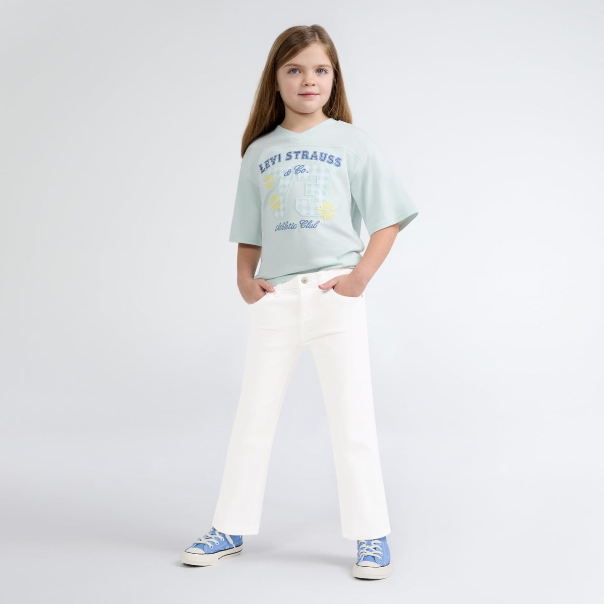 Jean Bootcut Tiro Alto Levi's | Blanco Puro + Parche Cuero Completo + Cintura Ajustable | Niña (4T - 16T)