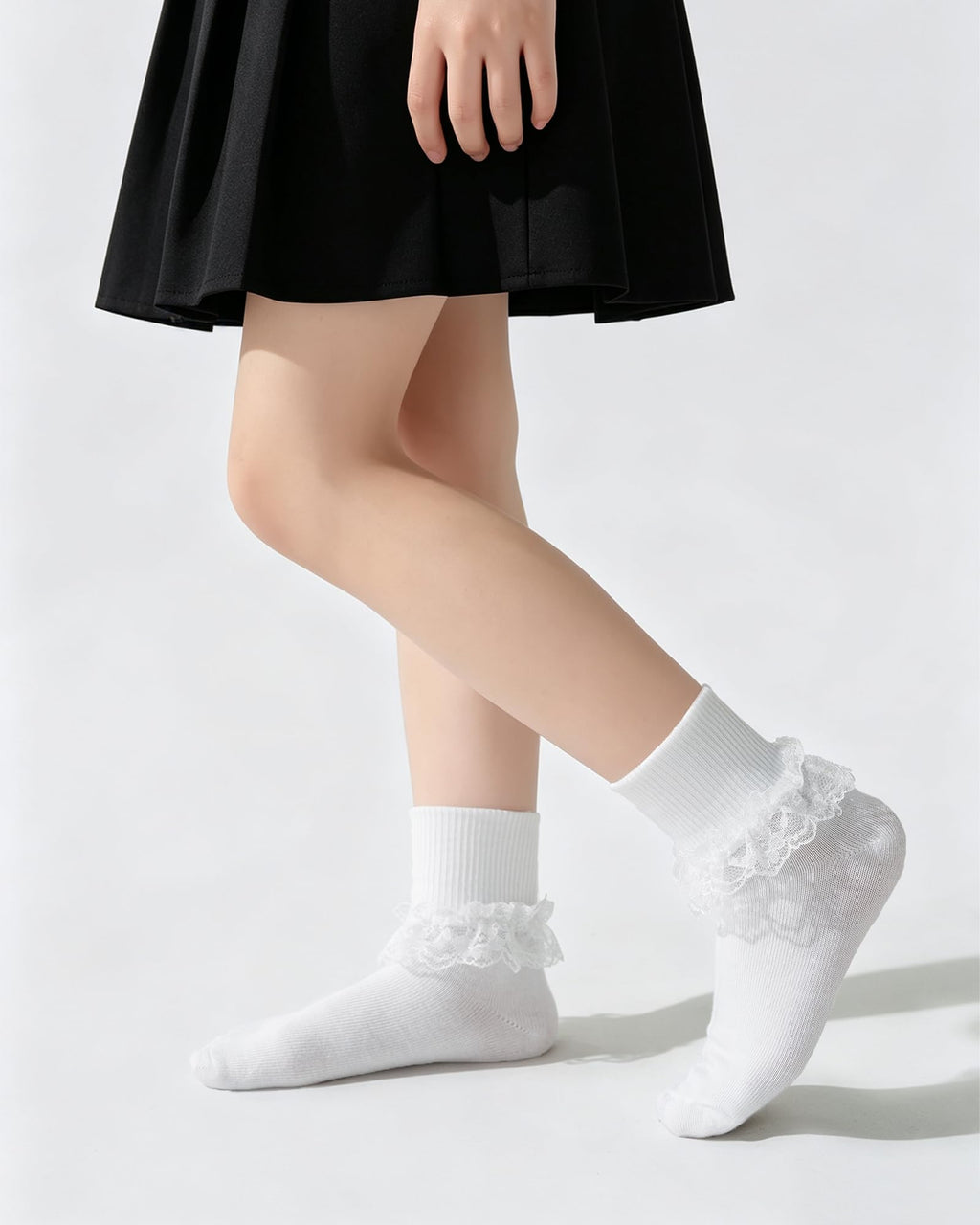 Funjoon | Calcetines Nina Pack 3 Pares Volantes Encaje Bordado Blanco Doble Uso Crew o Largo Costura Plana Uniforme Escolar Boda (2-10 T)
