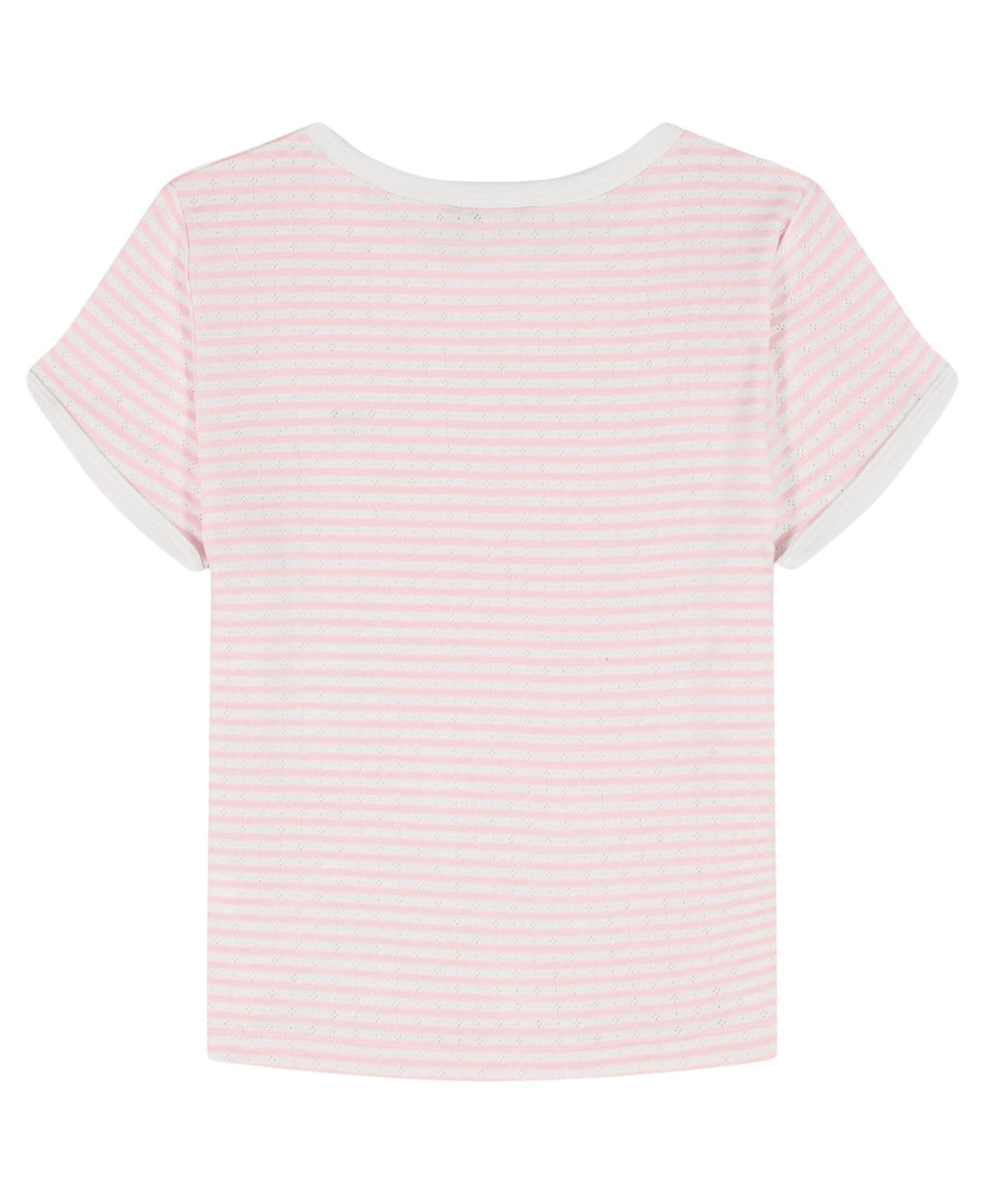Tommy Hilfiger | Camiseta Nina Manga Corta | Rayas Rosa Palo + Blanco | Cuello Contrastante Blanco | Logo Bandera TH Corazon Bordado | Manga Enrollada | Corte Relaxed  (Solo 8-10T)