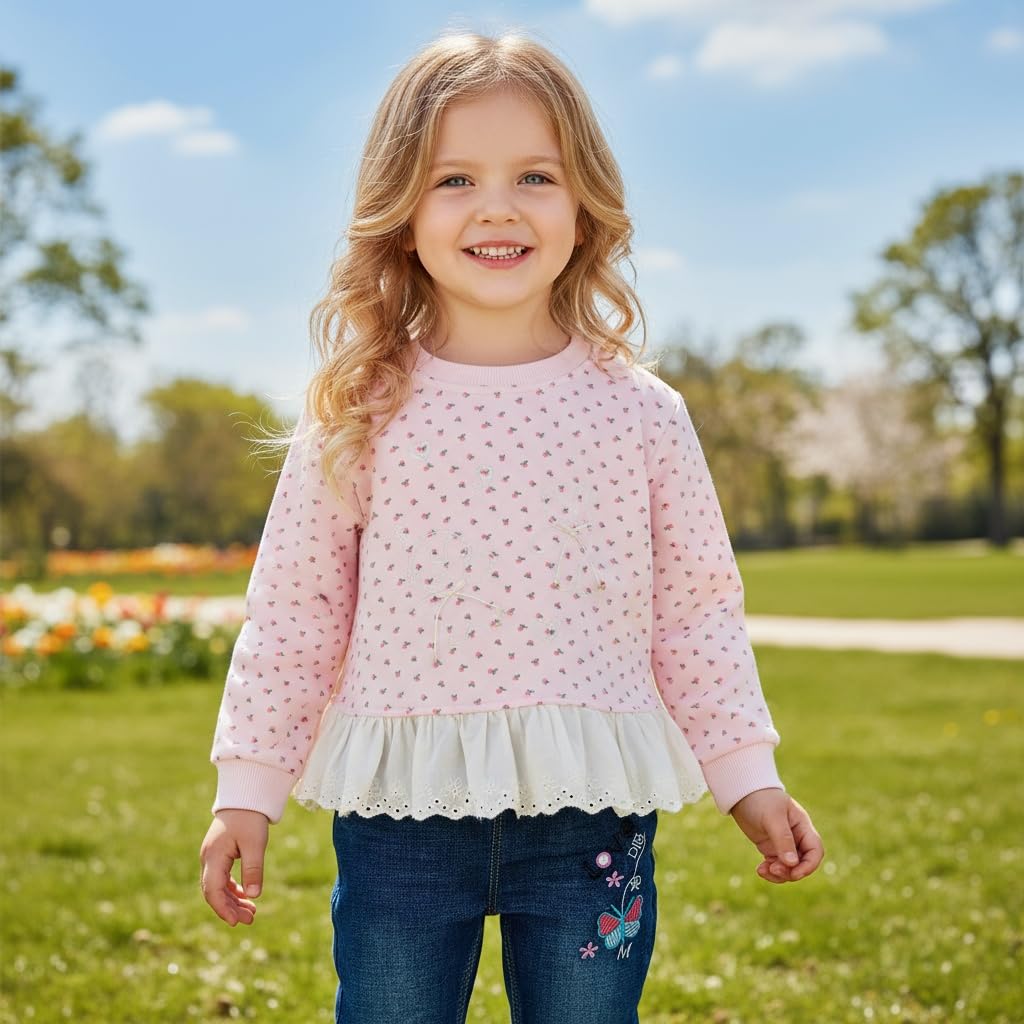 Conjunto 2 Piezas para Niña: Sudadera Rosa Floral con Encaje Peplum y Jeans con Mariposas Bordadas y Encaje