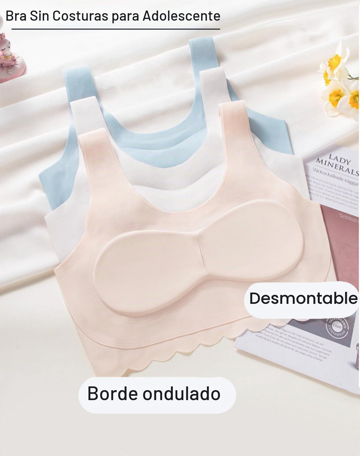 Brasier Sin Costuras Nina Pack 2 | 75% Nailon 25% Elastano | Relleno Extraible | Sin Aro | Borde Festoneado | Tono Piel + Negro  (10 - 16T)