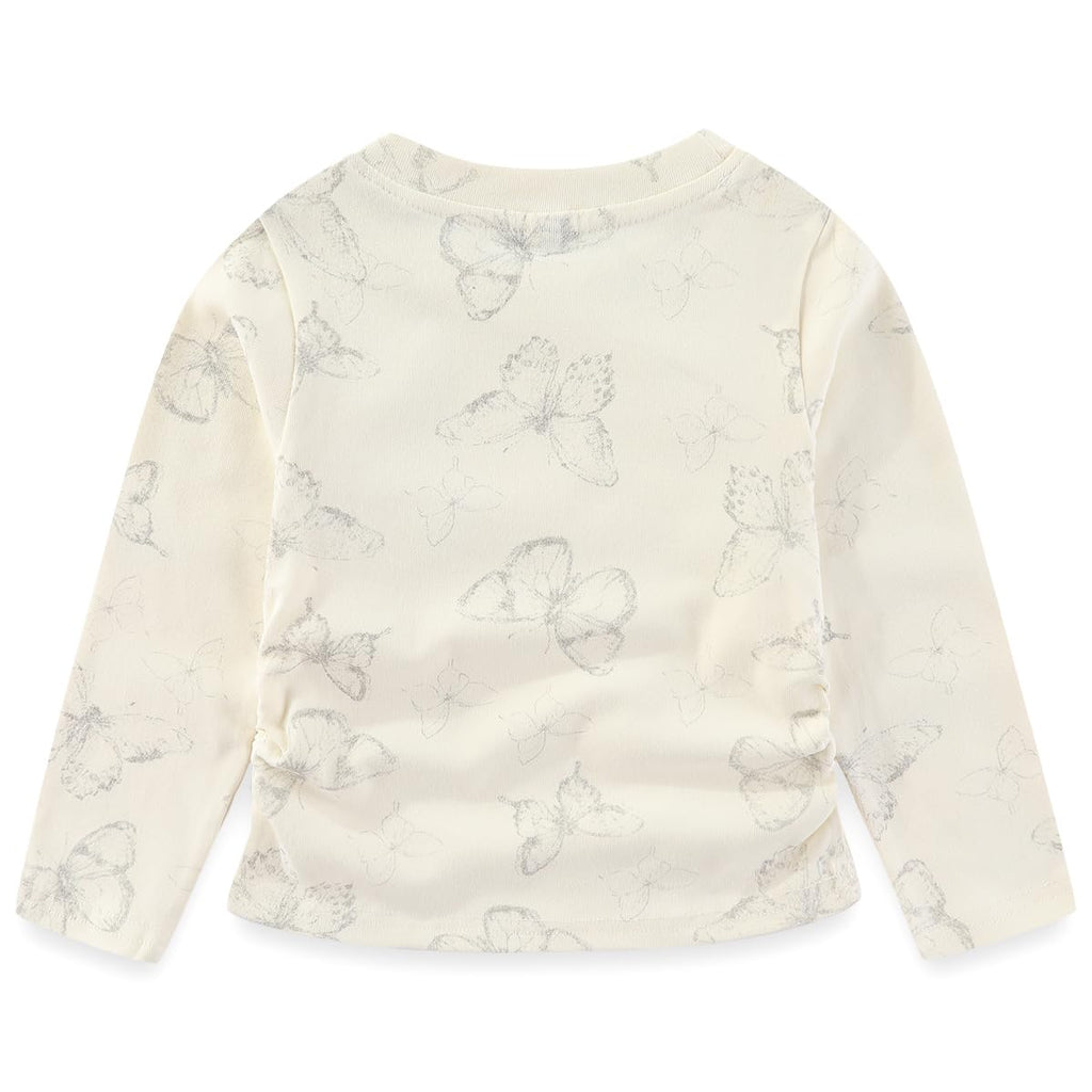Conjunto 2 Piezas para Niña: Camiseta Crema con Mariposas Plateadas Allover y Jeans Campana con Mariposas Bordadas
