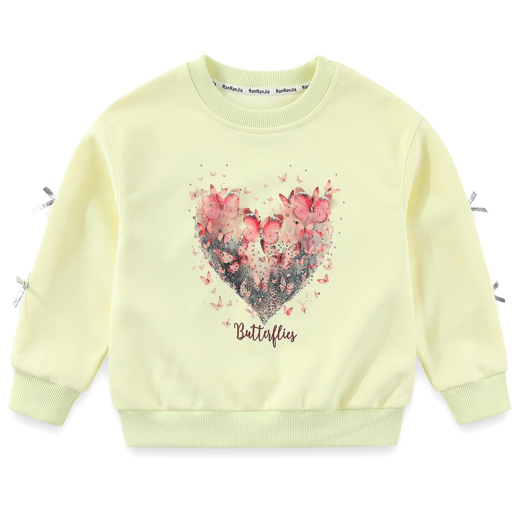 Conjunto 2 Piezas para Niña: Sudadera Amarilla Corazón Mariposas con Strass y Lazos 3D y Jeans con Mariposas y Lazos Bordados