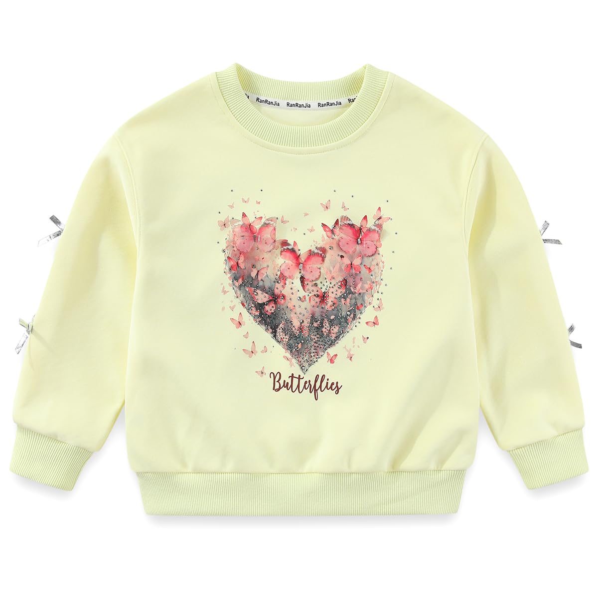 Conjunto 2 Piezas para Niña: Sudadera Amarilla Corazón Mariposas con Strass y Lazos 3D y Jeans con Mariposas y Lazos Bordados