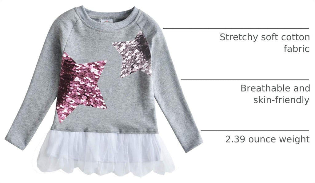 Top de Manga Larga con Lentejuelas para Niñas – Algodón Gris con Tul (3 - 12T)