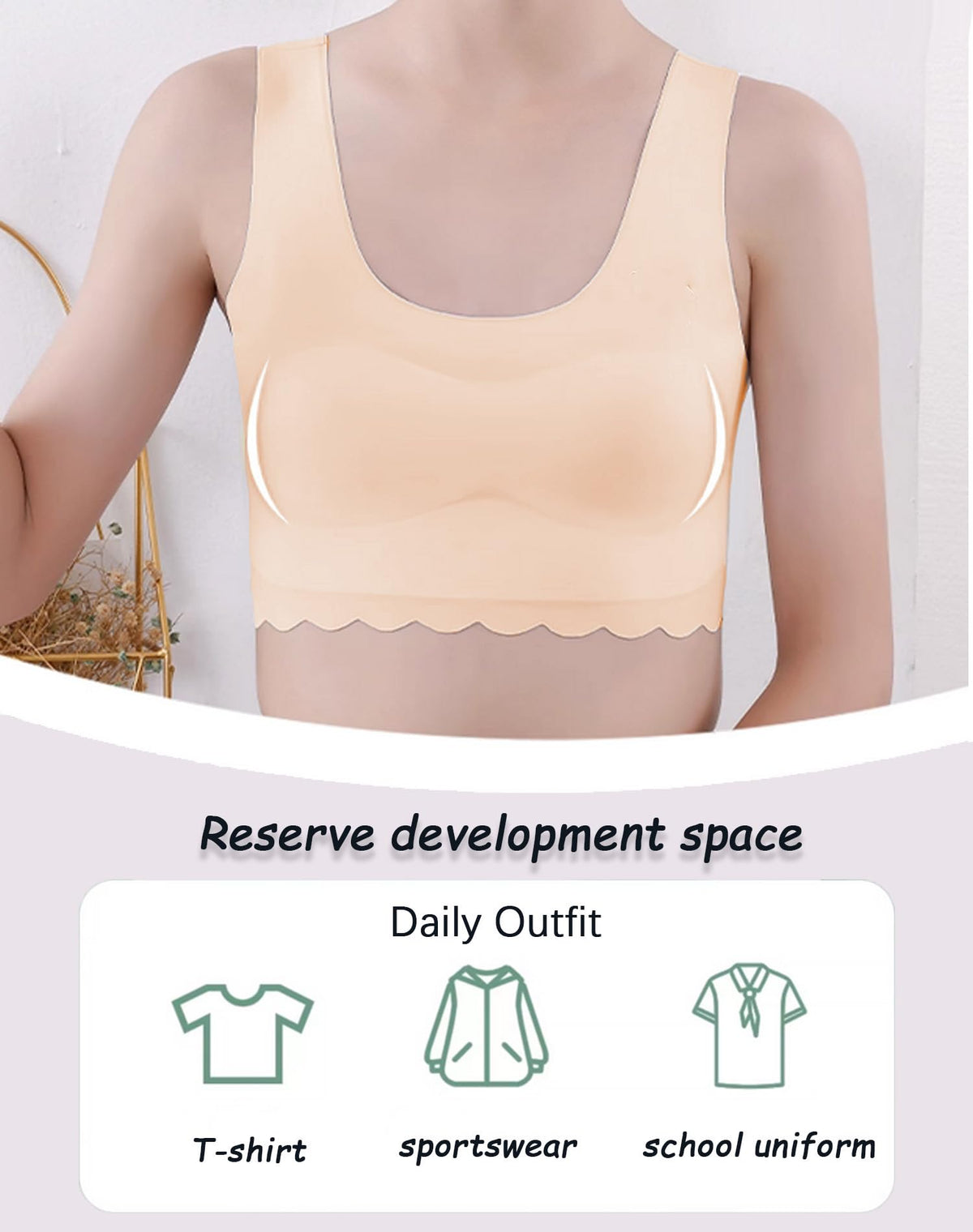 Brasier Sin Costuras Nina Pack 2 | 75% Nailon 25% Elastano | Relleno Extraible | Sin Aro | Borde Festoneado | Tono Piel + Verde Sage (10 - 16T)
