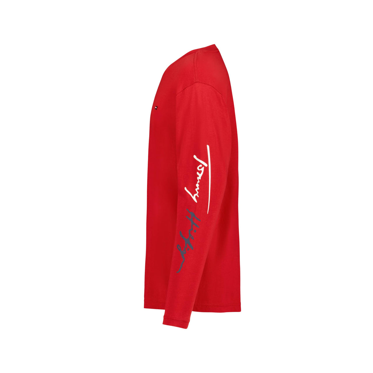 Tommy Hilfiger | Camiseta Niño Manga Larga Firma Script Manga Logo Bandera Bordado 100% Algodón Rojo (8-16T)