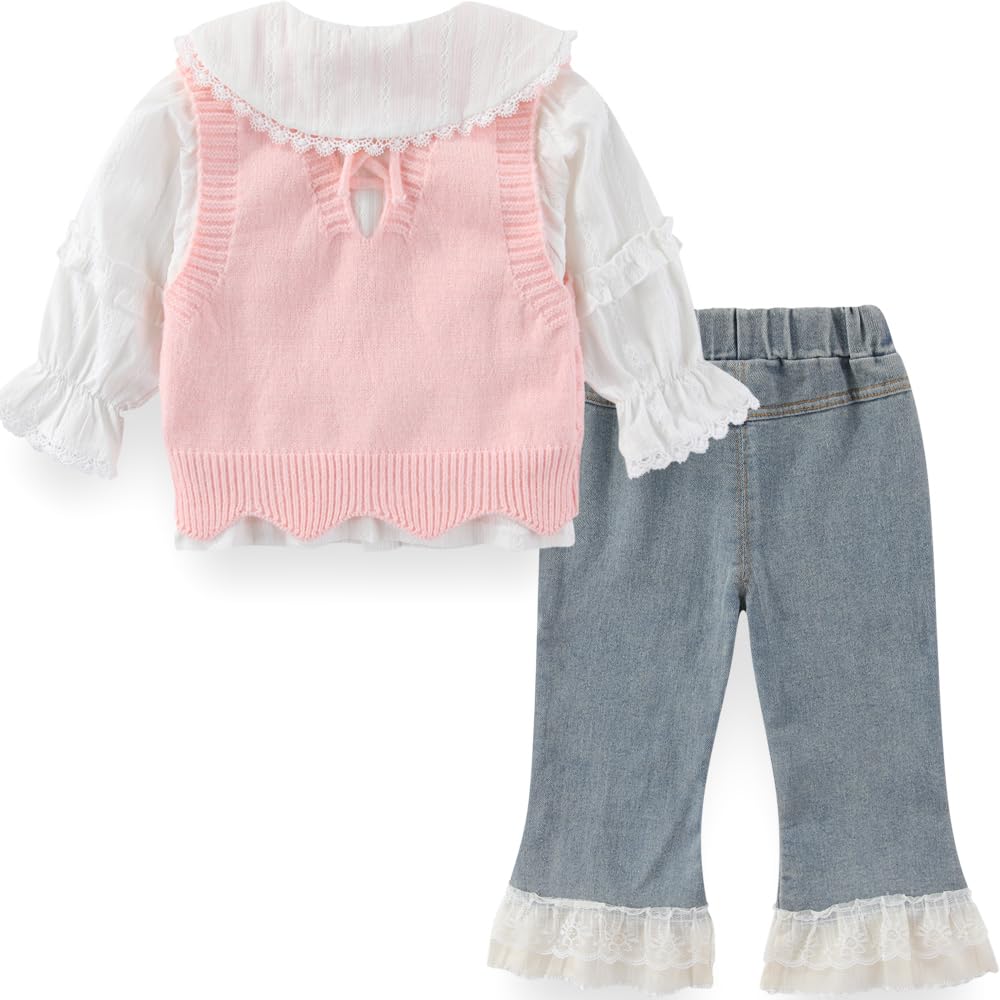 Conjunto 3 Piezas para Niña: Blusa Encaje + Chaleco Rosa Corazones Pompón Fuchsia + Jeans Flare con Encaje