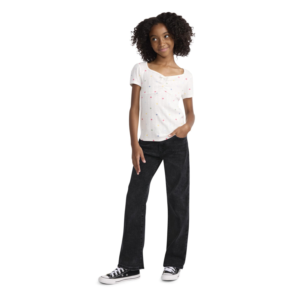Jean Wide Leg Tiro Alto Levi's | Negro Carbón Lavado + Costuras Plateadas + Tableta Roja | Niña (4T - 16T)