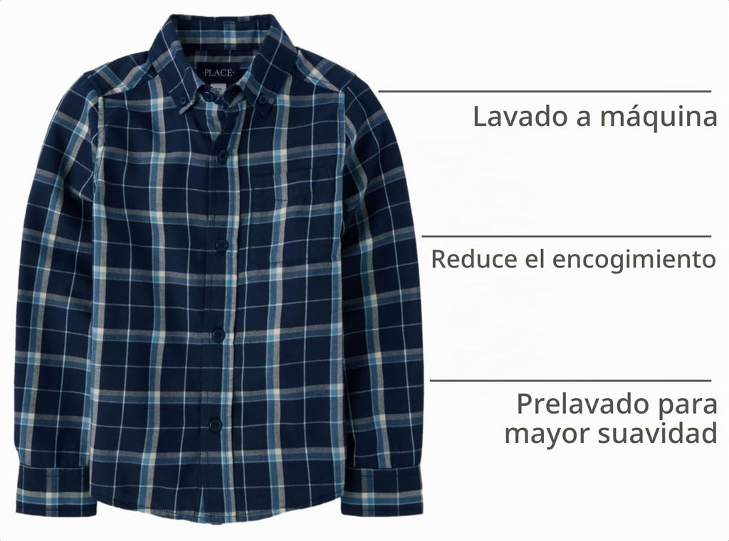 The Children's Place Camisa de Franela Tartán Manga Larga con Botones – Azul Marino (Solo 4T)