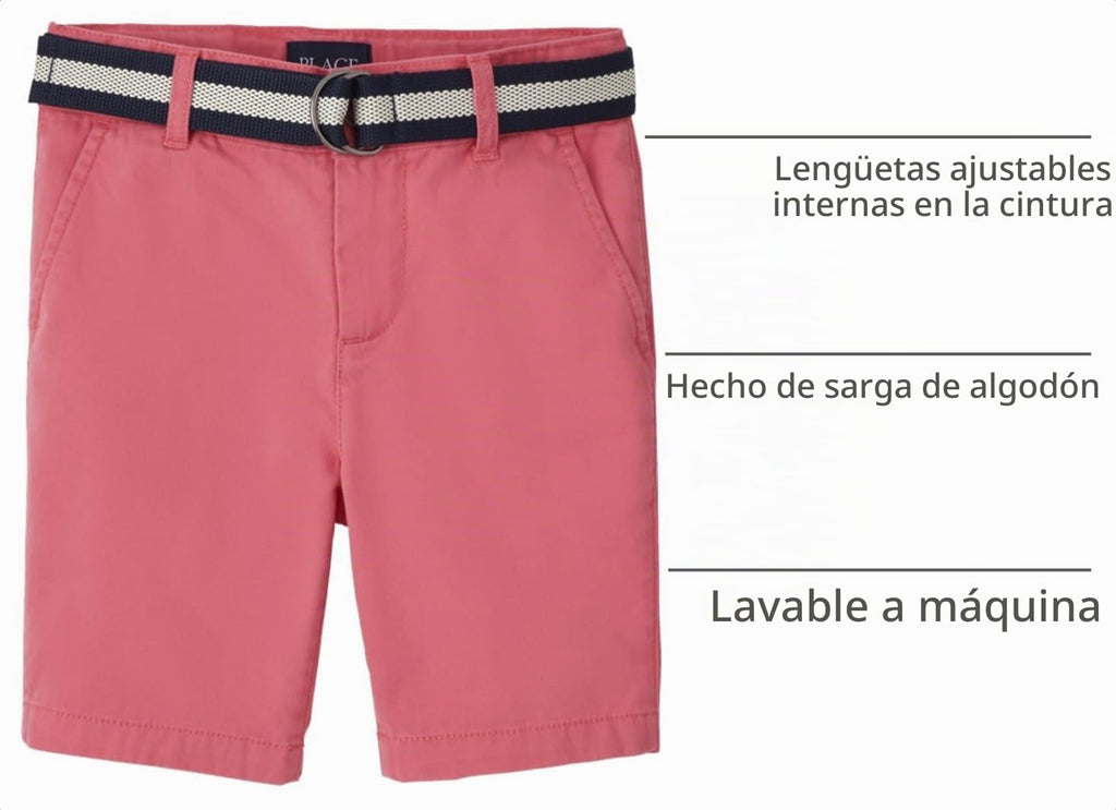The Children's Place Short Chino Rosa Coral con Cinturón Niño | Sarga Algodón • Botón + Cremallera