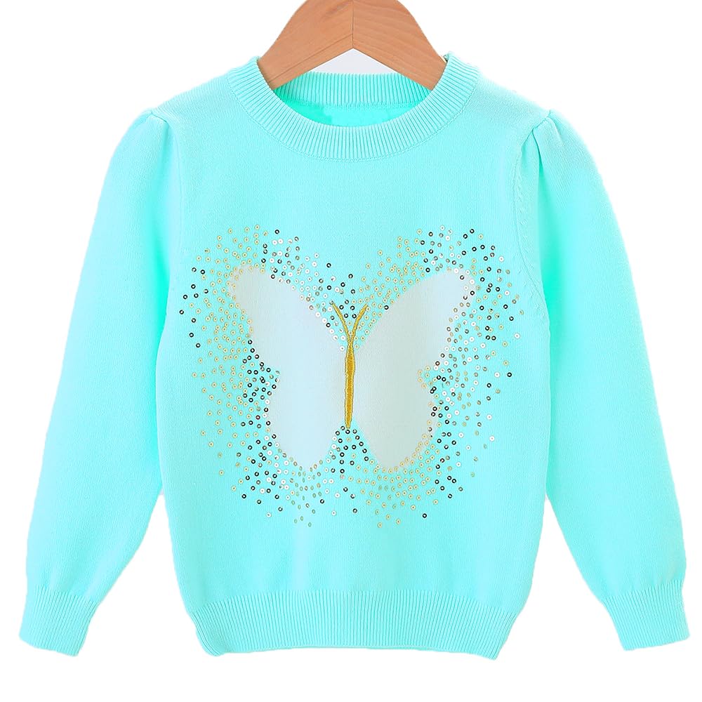Conjunto 2 Piezas para Niña: Suéter Turquesa con Mariposa y Lentejuelas y Jeans con Ruedo Festoneado