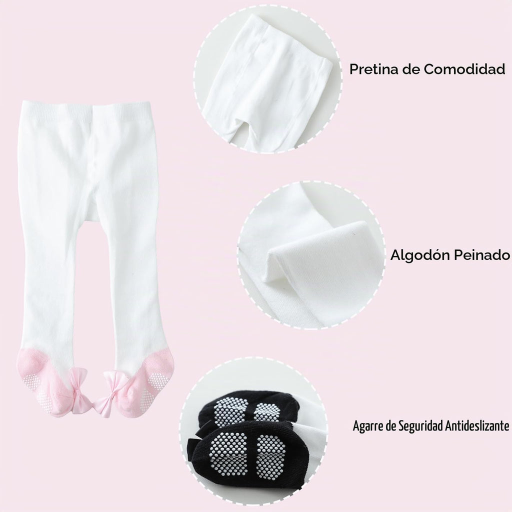 Pack 3 Mallas Antideslizantes con Lazo EPEIUS | Agarre Completo + Algodón Peinado + Blanco Rojo Rosa Negro | Bebé Niña 0-24M)