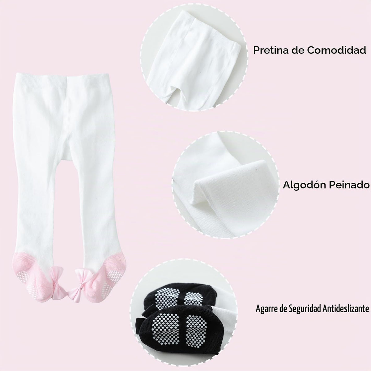 Pack 3 Mallas Antideslizantes con Lazo EPEIUS | Agarre Completo + Algodón Peinado + Blanco Rojo Rosa Negro | Bebé Niña 0-24M)